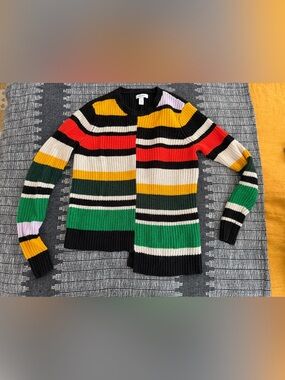 Nine West Multicolor Striped Knit Sweater - Green/Yellow/Red/Black asymmetrical